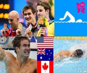 Puzzle Ανδρικά παντελόνια 100 μέτρο freestyle πόντιουμ, Nathan Adrian (Ηνωμένες Πολιτείες), James Magnussen (Αυστραλία) και ο Brent Hayden (Καναδάς) - London 2012-